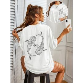 تيشيرت  بستايل بسيط وطبعة حوت من قماش البوليستر والسباندكس للنساء