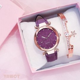 ساعة يد نسائية ذات وجه حجر الراين بحزام جلد قطعتين