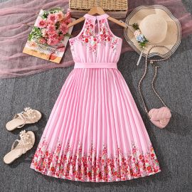 فستان طويل بتصميم عصري  بياقة مرتفعة وبدون أكمام منقوش بالزهور للفتيات