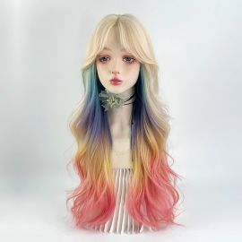 باروكة شعر حريري ناعم كاملة الرأس بألوان قوس قزح للنساء