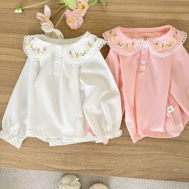 تي شيرت بأكمام طويلة من القطن بياقة مطرزة بسيطة للفتيات الرضع 