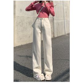 بنطلون جينز نسائي فضفاض بقصة أرجل واسعة وعالية الخصر