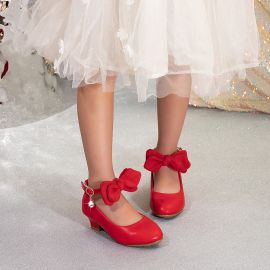 أحذية حفلات جلدية للبنات بكعب عالي وبرباط فيونكة