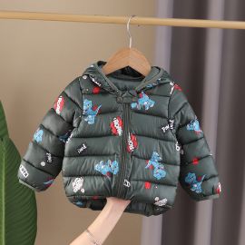 جاكيت كاجوال سميك بغطاء رأس ومبطن بالقطن بطبعة ديناصور