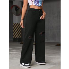 بنطلون جينز قطني واسع الساقين ممزق ومغسول بخصر عالٍ للسيدات