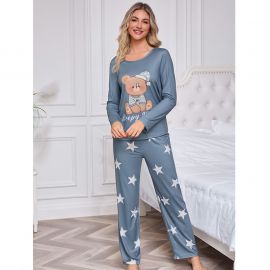  بيجامة خفيفة بياقة دائرية مكممة بنطال طويل من قماش البوليستر للنساء