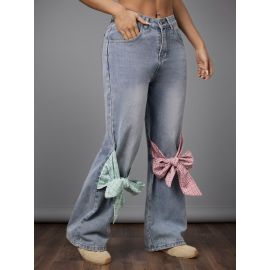 بنطلون جينز واسع الساقين بخصر عالٍ مزين بفيونكة للسيدات