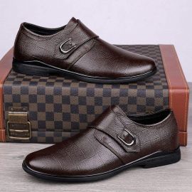 حذاء جلدي متين مقاوم للتآكل مخطط برأس مستدير للرجال