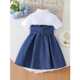 فستان بناتي جينز مزين بازرار وربطة