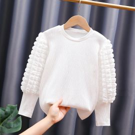 تيشيرت قطني أبيض بأكمام طويلة بشكل فانوس للفتيات 