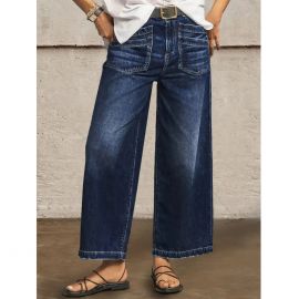 بنطلون جينز واسع الساقين بجيوب أمامية وخلفية وحزام خصر للسيدات 