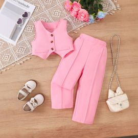 طقم مكون من قطعتين للبنات بدون أكمام بياقة على شكل حرف V وبنطال للأطفال الصغار