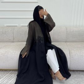 عباية طويلة وأكمام طويلة بنقشة زهور من الترتر الناعم للسيدات 
