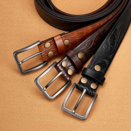 حزام جلدي بإبزيم دبوس منقوش بطبعة كلاسيكية للرجال