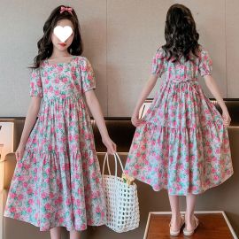 فستان صيفي ناعم  مشجر واسع واكمام قصيره للفتيات