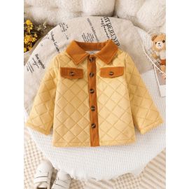 معطف أطفال بلون كاكي متباين من قماش مخملي مع ياقة مقلوبة، معطف سميك ودافئ طويل الكم