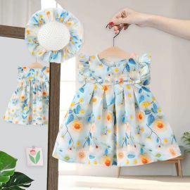 فستان صيفي بأكمام طائرة للبنات مع قبعه ، فستان أميرة عصري مطبوع برسمة