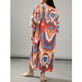 كيمونو صيفي طويل بكم ميدي و بألوان متموجه من قماش البوليستر 