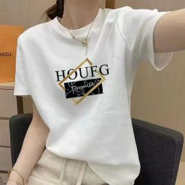 تيشيرت نسائي صيفي فضفاض، مزين بطبعة "HOUFG" مع تصميم هندسي عصري