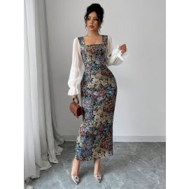 فستان أنيق للنساء من قماش الكانفاس الزيتي والشيفون ذو الرقبة المربعة