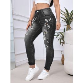 بنطلون جينز ضيق مطرز على شكل أصيص زهور للنساء
