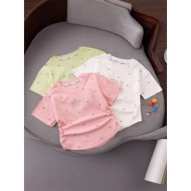 تيشيرت صيفي قصير الأكمام وياقة دائرية بفيونكات من آلياف البوليستر للبنات