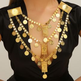 قلادة على شكل سلسلة من الذهب العربي لتزيين الملابس على شكل عملات معدنية متعددة الطبقات