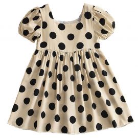 فستان صيفي قصير ومنقط بياقة مربعة وأكمام قصيرة للفتيات