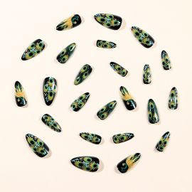 أظافر صناعية قابلة للفك والتركيب مطبوعة بنقشة طاووس / 24 قطعة