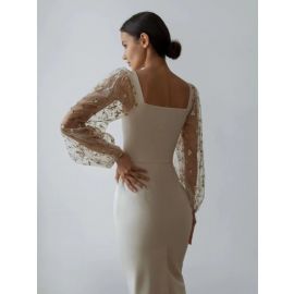 فستان ميدي نسائي عصري باكمام مطرزه 