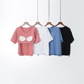 تي شيرت رياضي صيفي فضفاض مع حمالة صدر من القطن للسيدات 