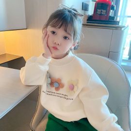 بلوزة من آلياف البوليستر بأكمام طويلة وياقة دائرية مزينة بزهور للفتيات 