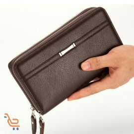 محفظة رجالية مزدوج الجيوب بسحب سلس، حقيبة كلاتش واسعه التخزين جلدية