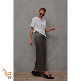 تنورة ميدي من الساتان اللامع نسائيه عالية الخصر 