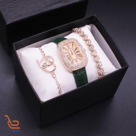 طقم ساعه نسائيه 3قطع انيقه وعصريه مرصعه بالكرستال