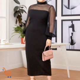 فســتان نســائـي طــويـل بــأكمـــام شبــكــية ويـــاقــة مـــرتفعــة 