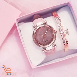ساعة يد نسائية ذات وجه حجر الراين بحزام جلد قطعتين